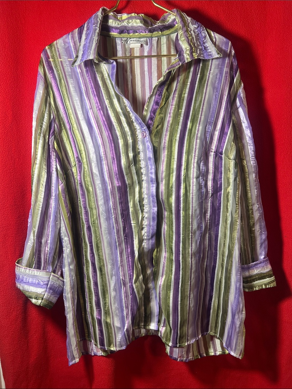Dress Barn Striped Button-Down Shirt in Lavender, Olive & Cream
